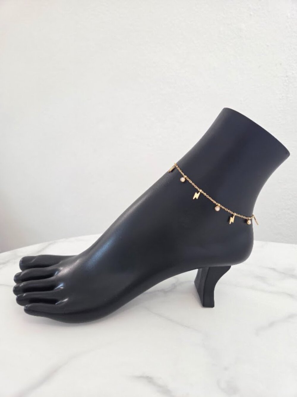 Gold Lightning Bolt & Crystal Charm Anklet Dainty Stainless Steel Jewelry - Picture 2 of 15
